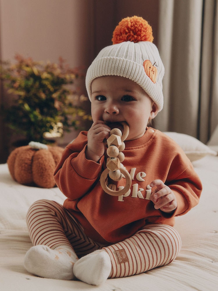 White Embroidered Knitted Pumpkin Pom Baby Hat - Image 2 of 6 White Embroidered Knitted Pumpkin Pom Baby Hat - Image 2 of 6