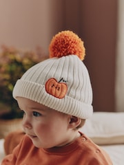White Embroidered Knitted Pumpkin Pom Baby Hat - Image 3 of 6