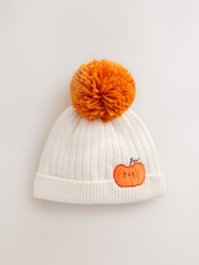 White Embroidered Knitted Pumpkin Pom Baby Hat - Image 4 of 6