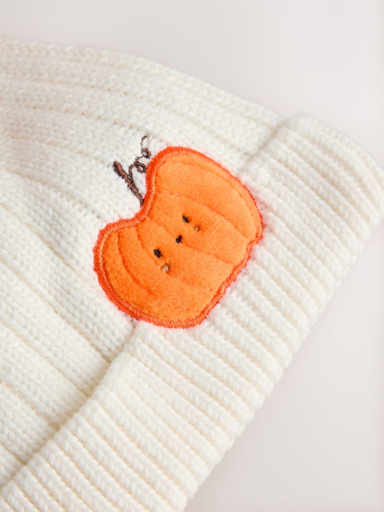 White Embroidered Knitted Pumpkin Pom Baby Hat - Image 6 of 6 White Embroidered Knitted Pumpkin Pom Baby Hat - Image 6 of 6