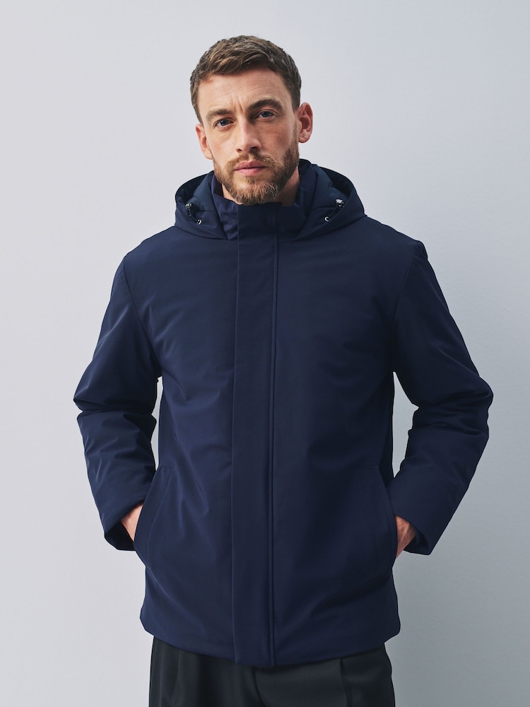 Navy Showerproof Hooded Coat With Brushed Lining - Image 1 of 12