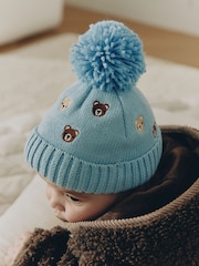 Blue Embroidered Knitted Baby Hat With Pom - Image 1 of 6