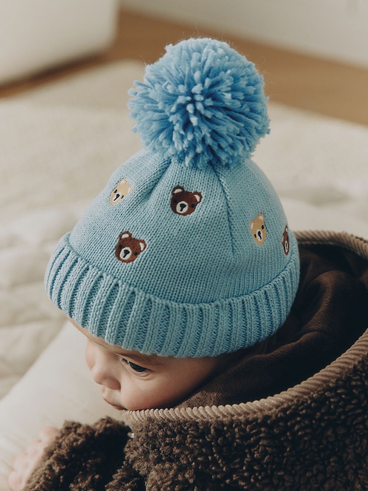 Blue Embroidered Knitted Baby Hat With Pom - Image 1 of 6