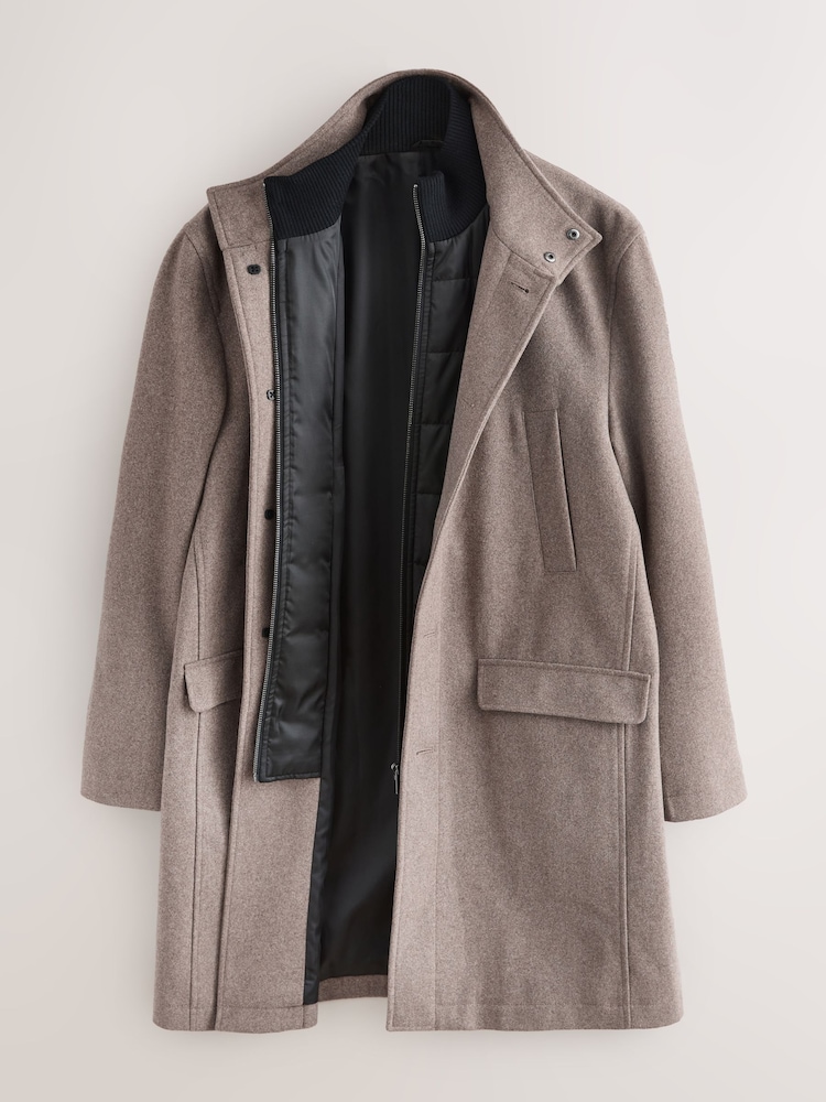 Oatmeal Wool Blend Mock Gilet Herringbone Padded Coat - Image 2 of 6