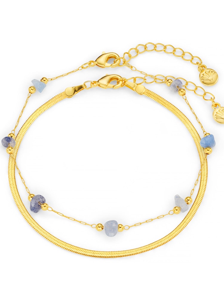 Orelia London Gold Tone Tone Semi-Precious Sodalite Chip & Snake Chain 2-Row Bracelet - Image 1 of 2 Orelia London Gold Tone Tone Semi-Precious Sodalite Chip & Snake Chain 2-Row Bracelet - Image 1 of 2