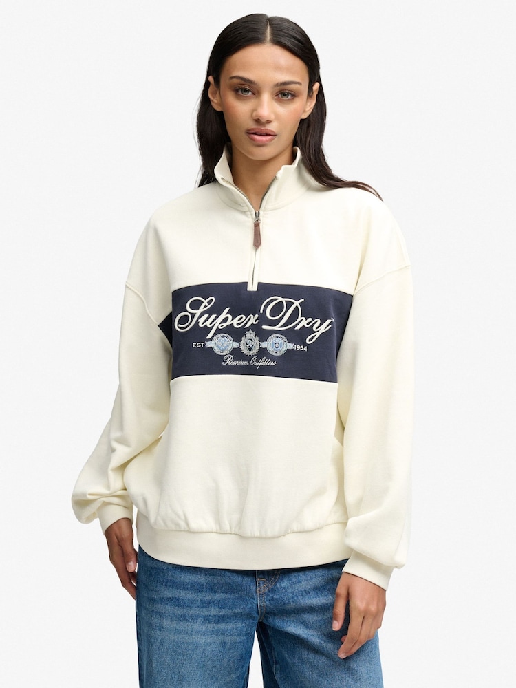 Superdry Cream Ornate Script Half Zip Sweat Top - Image 1 of 7