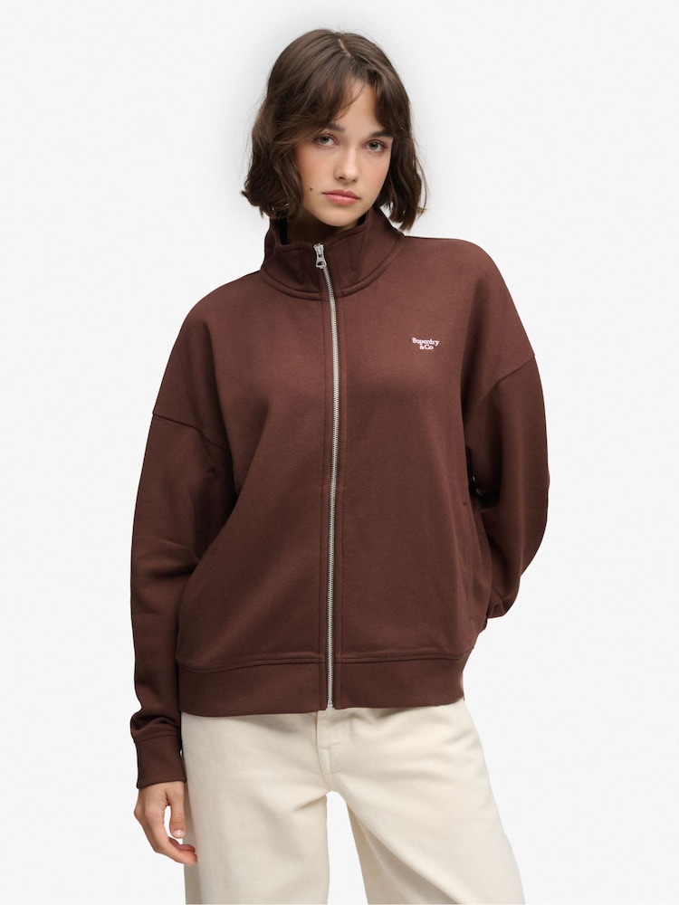 Superdry Brown Signature Embroided Oversized Sweat Top - Image 1 of 7