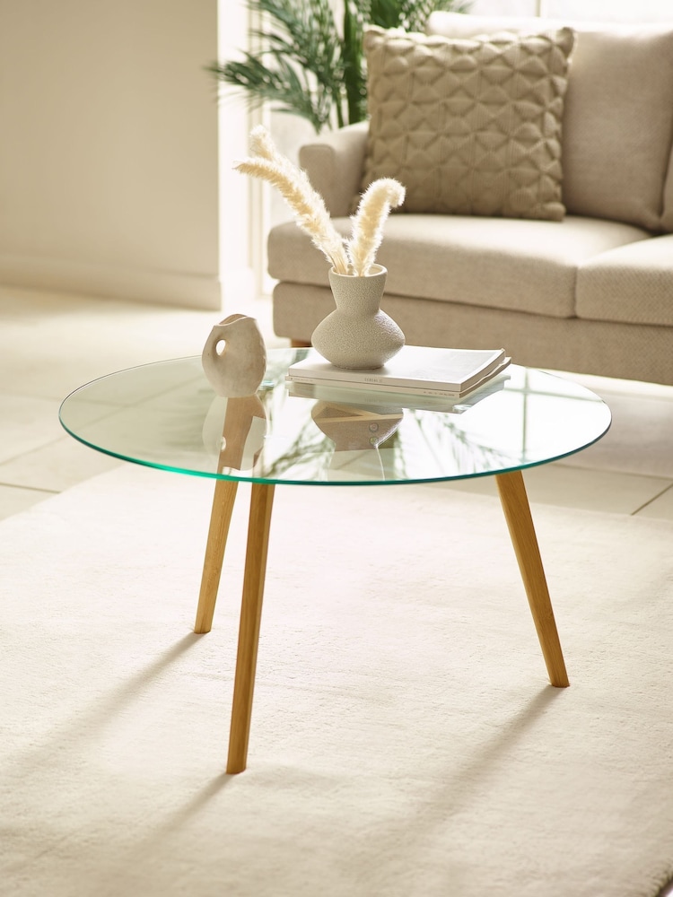 Julian Bowen Clear Glass Natural Oak Bryant Round Coffee Table - Image 1 of 6