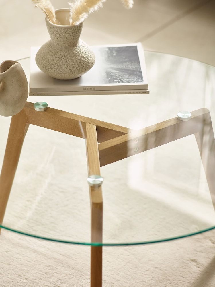 Julian Bowen Clear Glass Natural Oak Bryant Round Coffee Table - Image 2 of 6