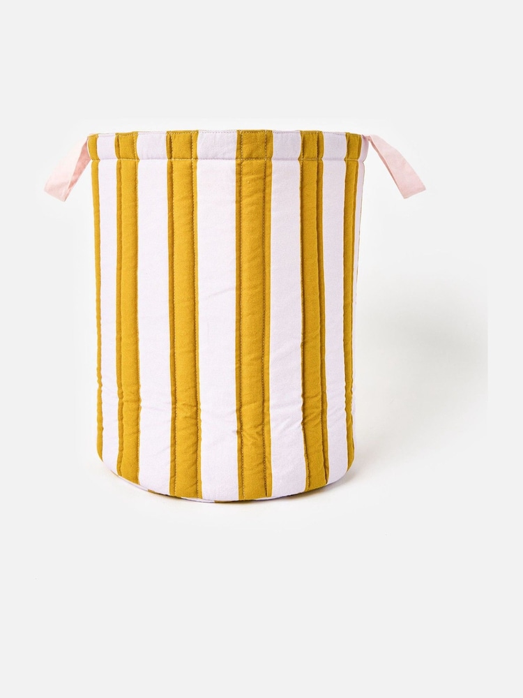 Oliver Bonas Multi Mustard Yellow White Striped Fabric Laundry Basket - Image 1 of 4 Oliver Bonas Multi Mustard Yellow White Striped Fabric Laundry Basket - Image 1 of 4