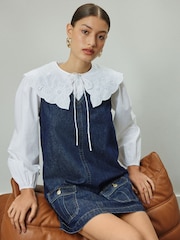 Dark Blue Pinafore Denim Mini Dress - Image 1 of 8