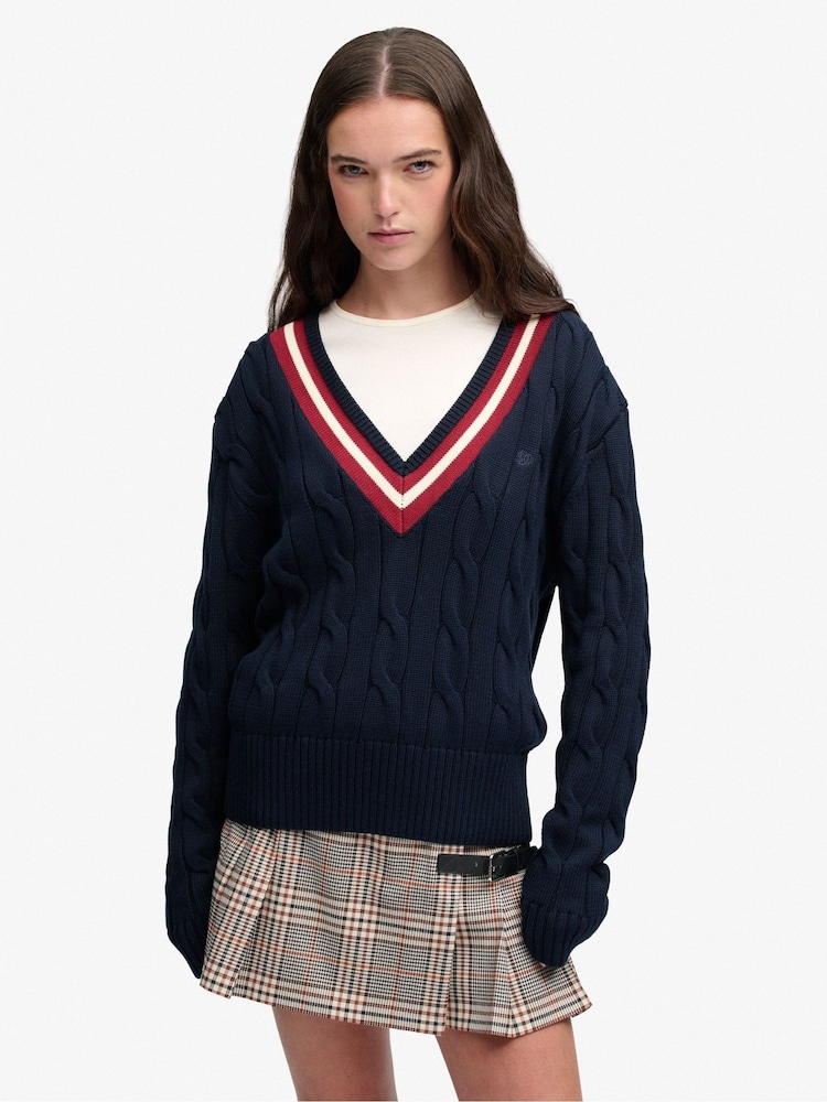 Superdry Blue Classic Cable Cricket Knit Jumper - Image 1 of 8
