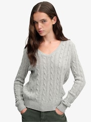 Superdry Grey Wool Blend Cable V-Neck Jumper - Image 1 of 8