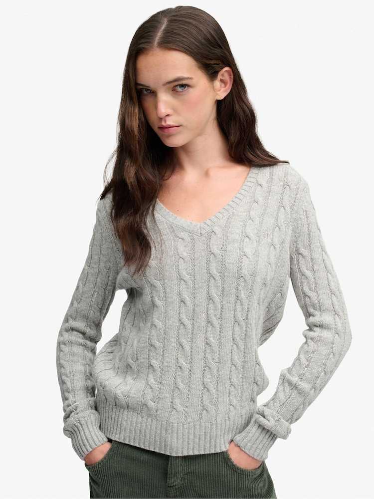Superdry Grey Wool Blend Cable V-Neck Jumper - Image 1 of 8