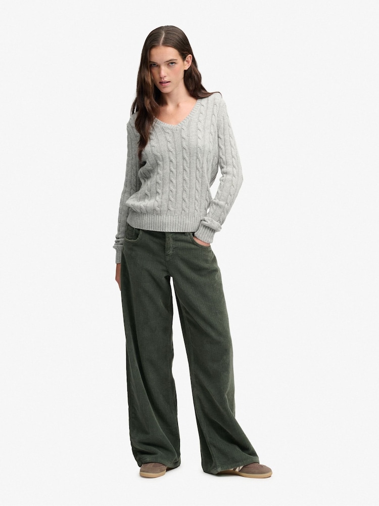 Superdry Grey Wool Blend Cable V-Neck Jumper - Image 2 of 8