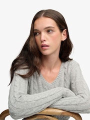 Superdry Grey Wool Blend Cable V-Neck Jumper - Image 4 of 8