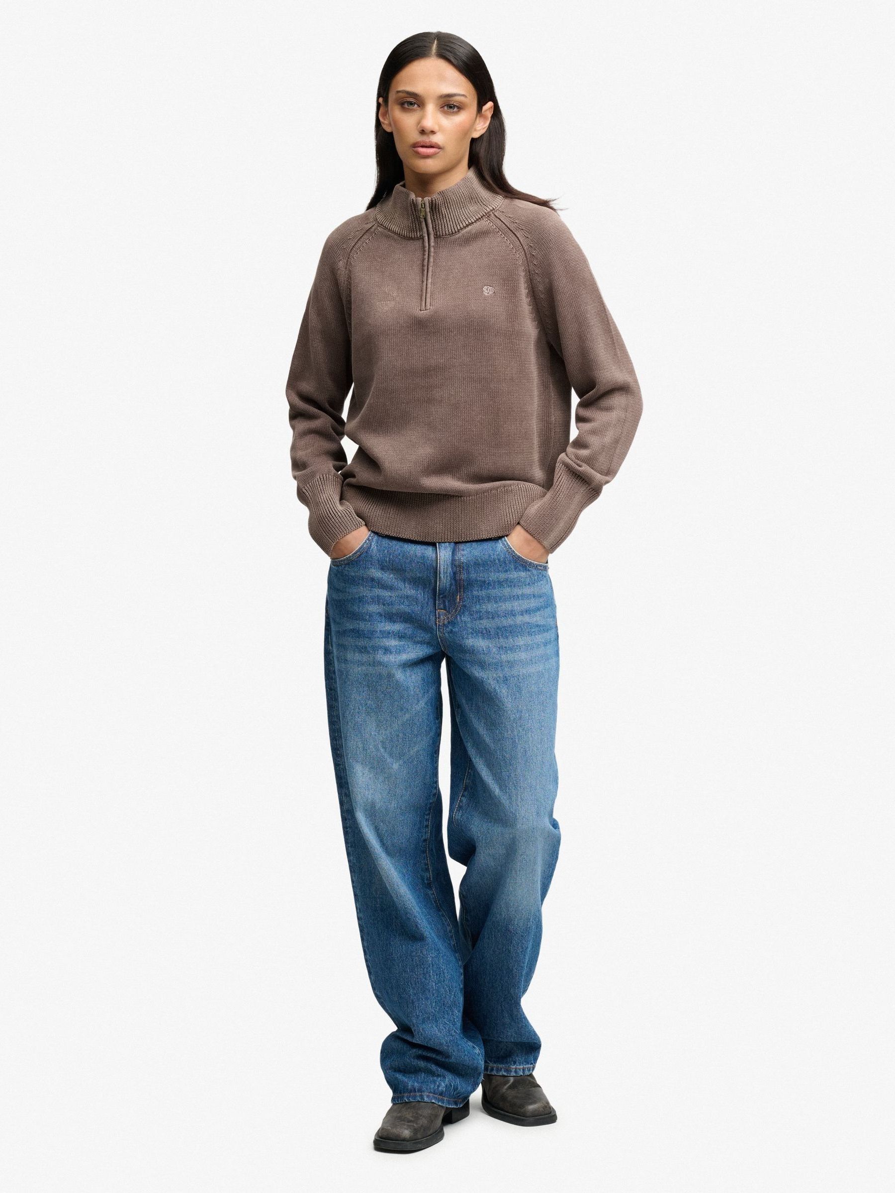 Superdry Womens Washed Classic Half Zip Funnel Neck Jumper, Brown, Size 16, Women - Image 3