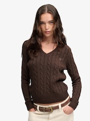 Superdry Brown Wool Blend Cable V-Neck Jumper - Image 1 of 8