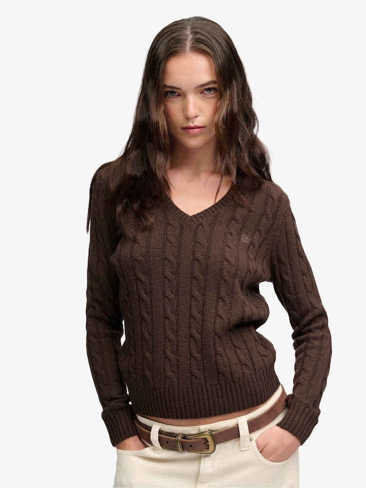 Superdry Brown Wool Blend Cable V-Neck Jumper - Image 1 of 8