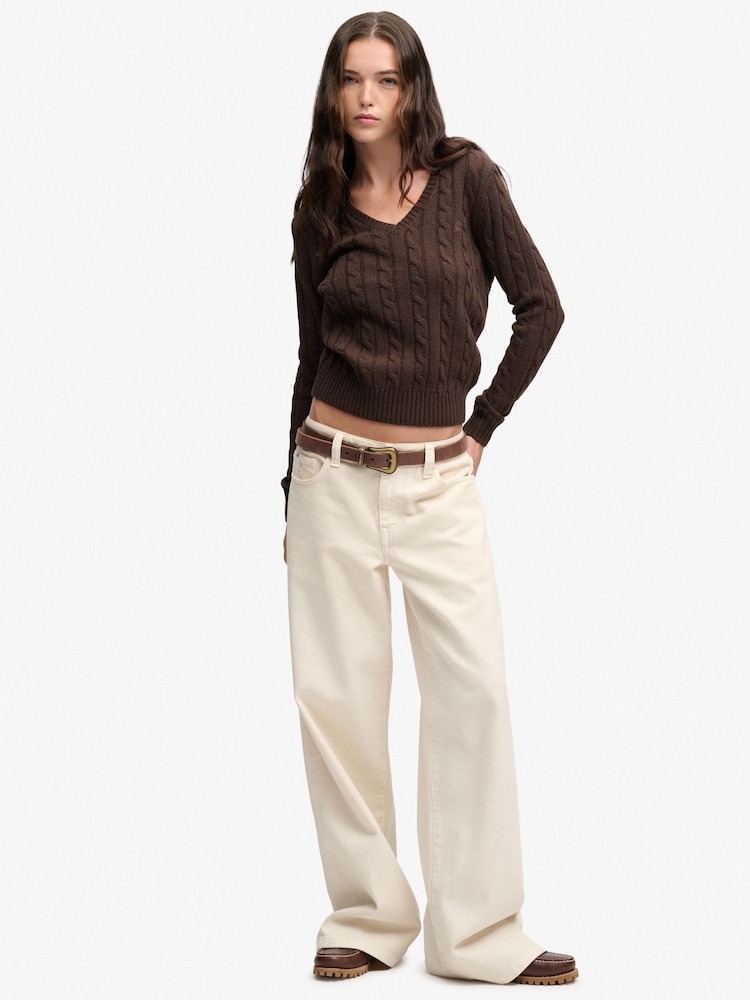 Superdry Brown Wool Blend Cable V-Neck Jumper - Image 2 of 8