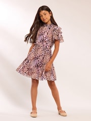 Lipsy Pink Leopard Printed Chiffon Dress (5-16yrs) - Image 3 of 6