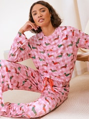 Friends Like These Pink Check Sausage Dog Petite Long Sleeve Pyjamas - Image 1 of 5