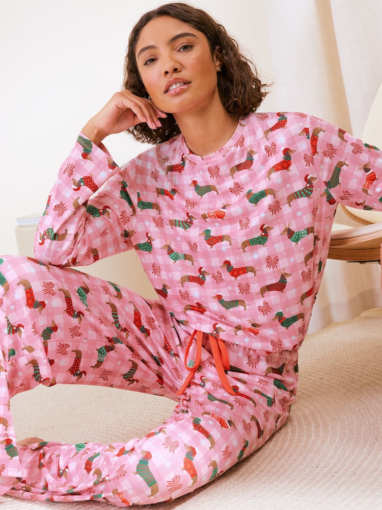 Friends Like These Pink Check Sausage Dog Petite Long Sleeve Pyjamas - Image 1 of 5 Friends Like These Pink Check Sausage Dog Petite Long Sleeve Pyjamas - Image 1 of 5