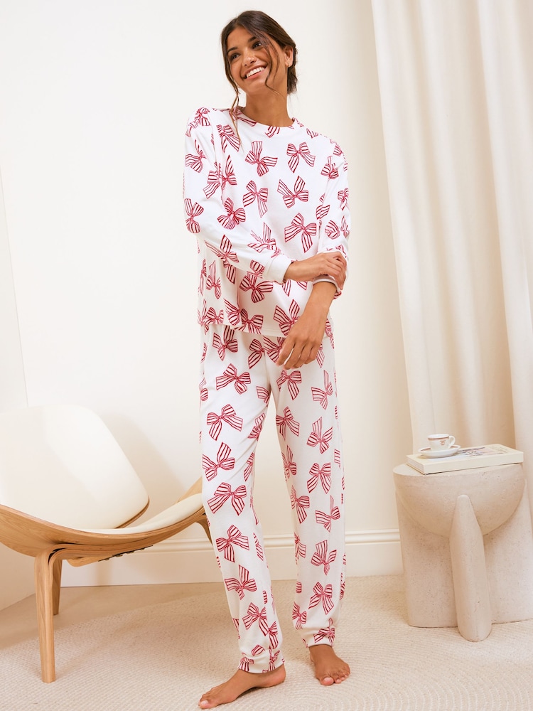 Friends Like These Cream Bow Long Sleeve Cosy Jogger Pyjamas - Image 1 of 5 Friends Like These Cream Bow Long Sleeve Cosy Jogger Pyjamas - Image 1 of 5