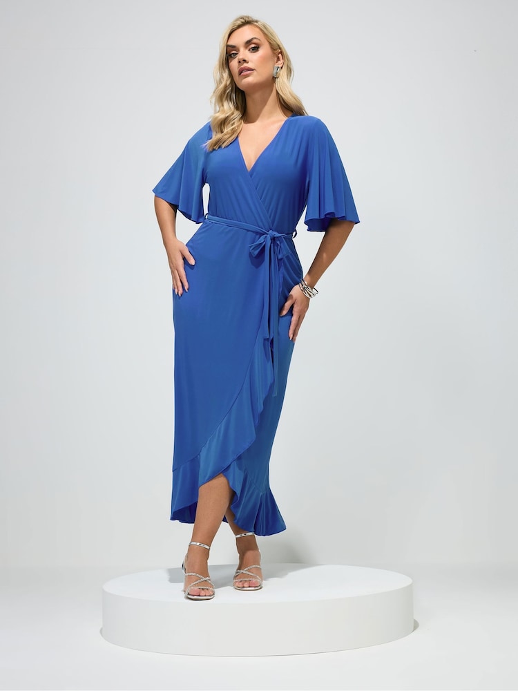 Yours Curve Blue London Ruffle Hem Wrap Dress - Image 1 of 4