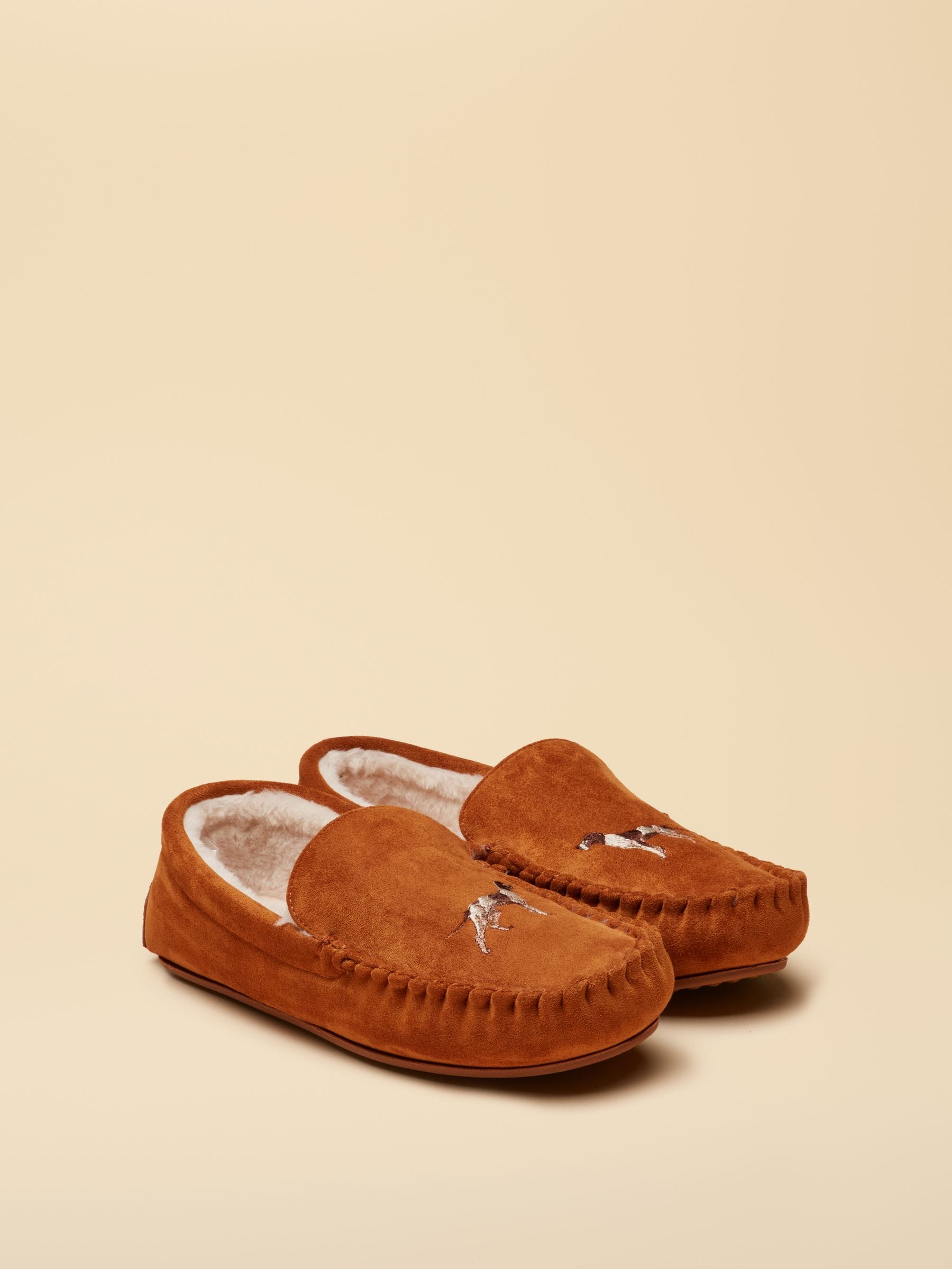 Joules Men's Tan Brown Moccasin Embroidered Slippers
