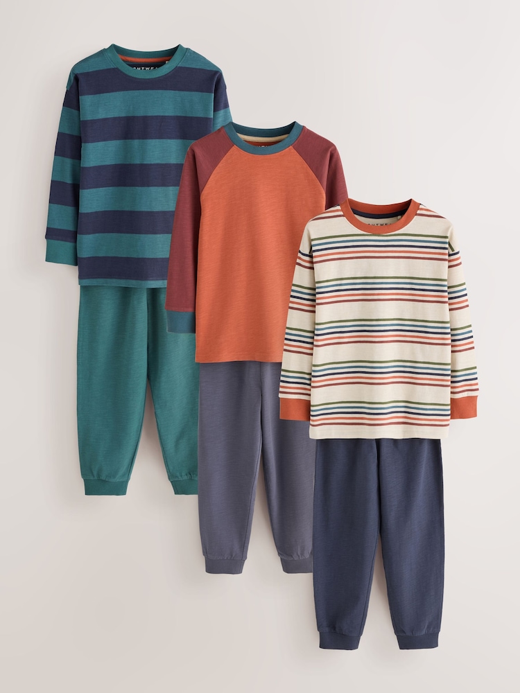 Orange/Navy/Green Stripe Long Sleeve Jogger Pyjamas 3 Pack (3-16yrs) - Image 1 of 7 Orange/Navy/Green Stripe Long Sleeve Jogger Pyjamas 3 Pack (3-16yrs) - Image 1 of 7