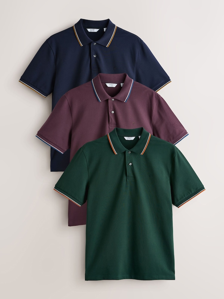 Navy/Plum/Green Short Sleeve Tipped Pique Polo Shirts 3 Pack - Image 1 of 6 Navy/Plum/Green Short Sleeve Tipped Pique Polo Shirts 3 Pack - Image 1 of 6