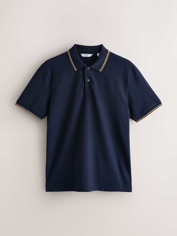 Navy/Plum/Green Short Sleeve Tipped Pique Polo Shirts 3 Pack - Image 2 of 6 Navy/Plum/Green Short Sleeve Tipped Pique Polo Shirts 3 Pack - Image 2 of 6
