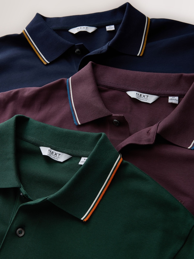 Navy/Plum/Green Short Sleeve Tipped Pique Polo Shirts 3 Pack - Image 6 of 6 Navy/Plum/Green Short Sleeve Tipped Pique Polo Shirts 3 Pack - Image 6 of 6