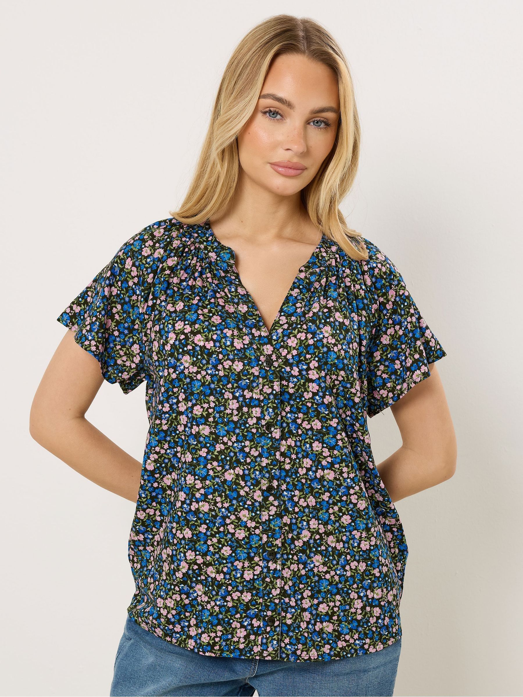 M & Co Women's Blue Short Sleeve Notch Neck Shirt - Image 7