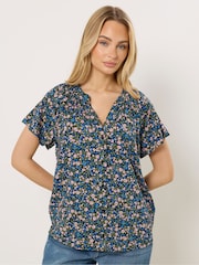 蓝色 - M&Co Short Sleeve Notch Neck Shirt - 5的图像1｝