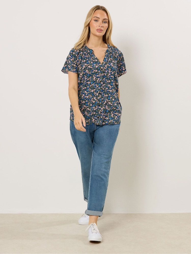 蓝色 - M&Co Short Sleeve Notch Neck Shirt - 5的图像2｝