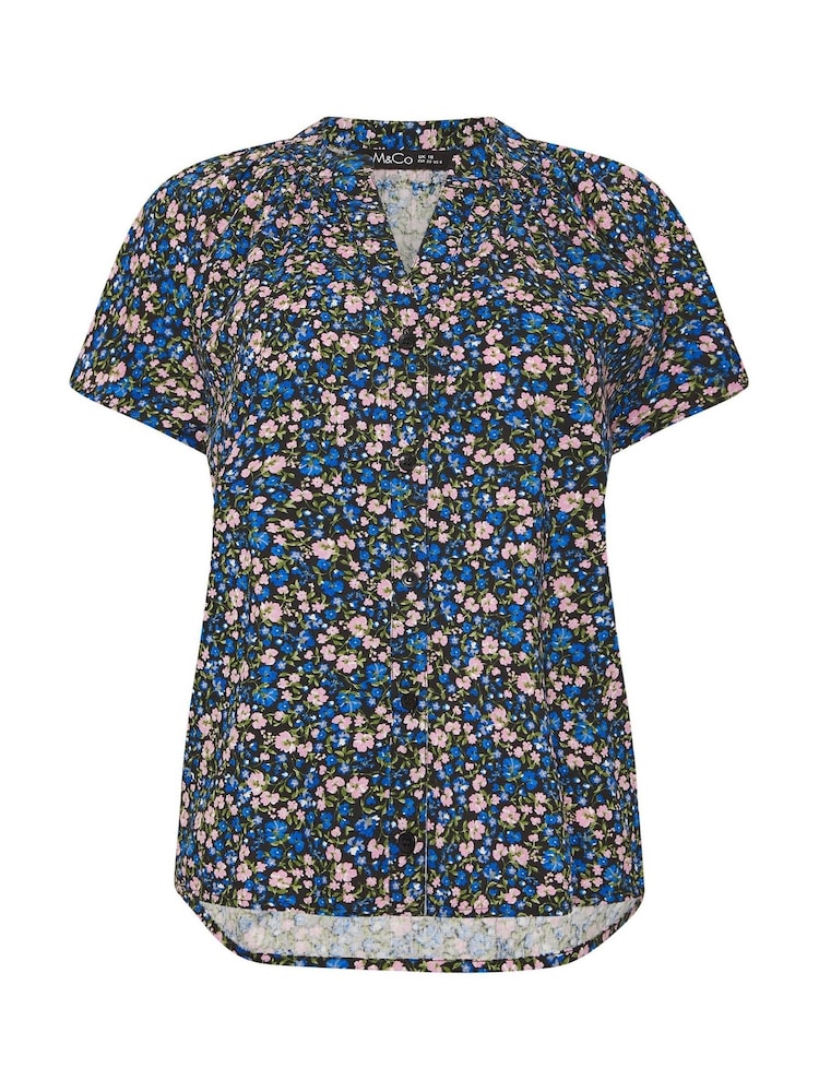 蓝色 - M&Co Short Sleeve Notch Neck Shirt - 5的图像5｝