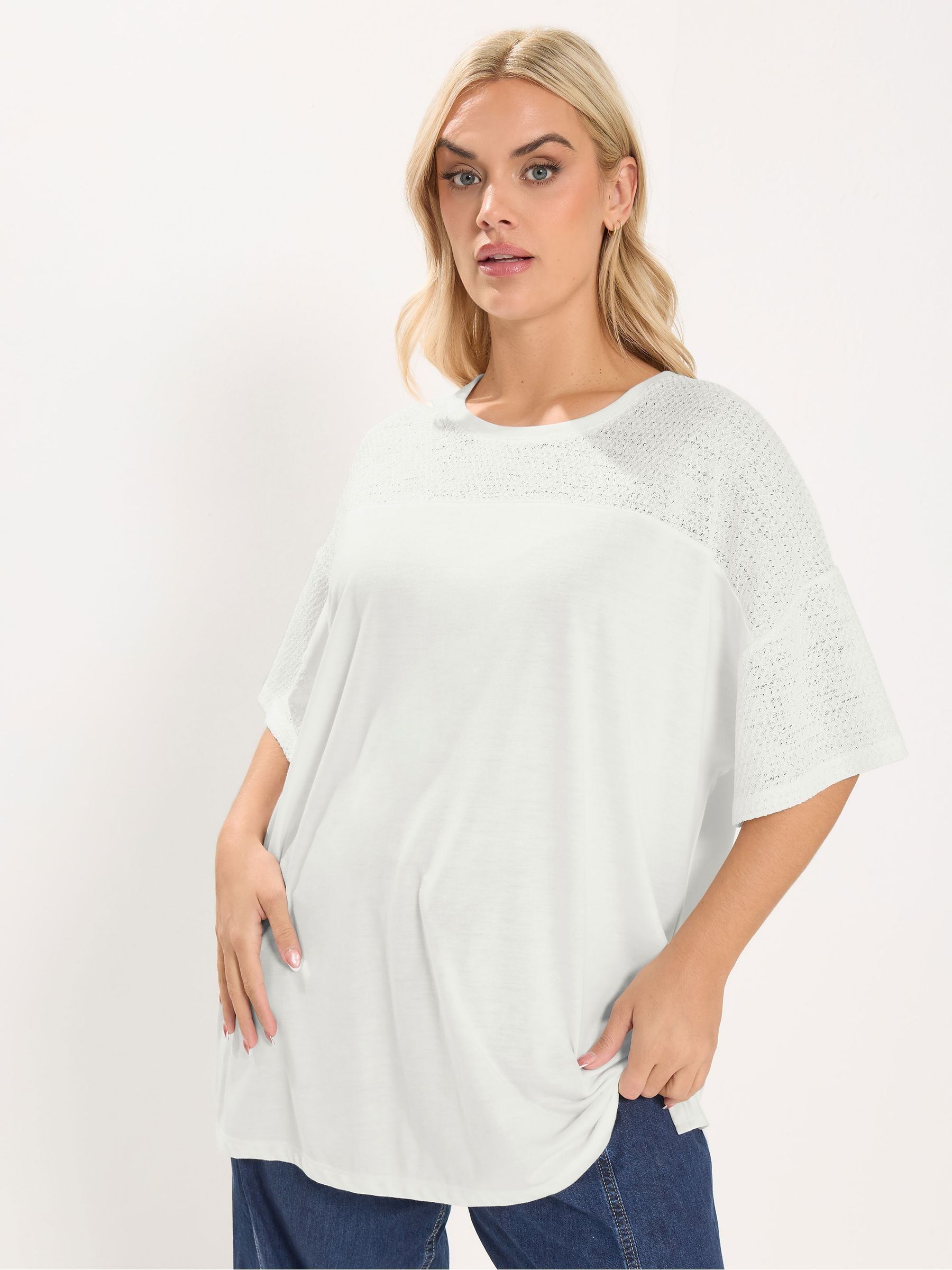 Yours Curve Women's White Boxy Mixed Fabric T-Shirt