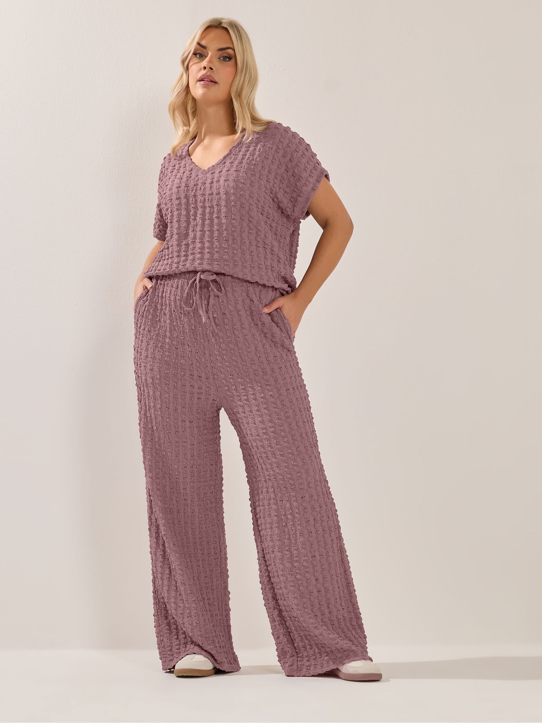 Yours Curve Women's Pink Short Bubble Textured Wide Leg Trousers