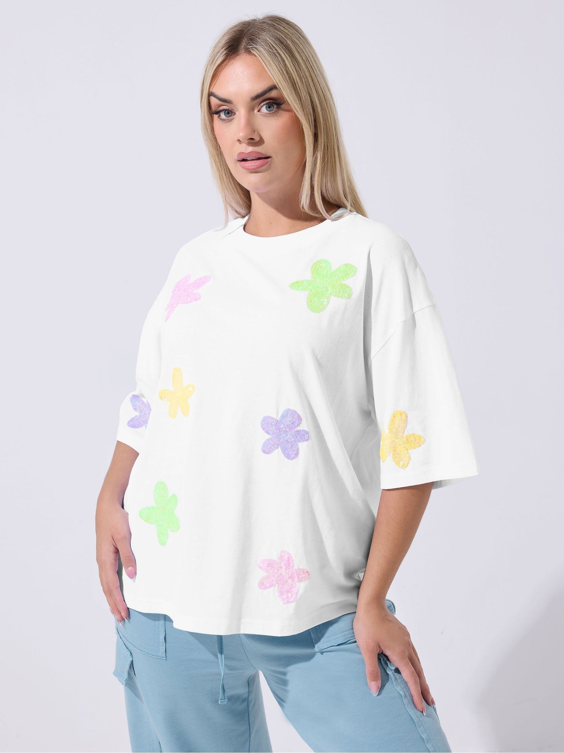 Yours Curve Women's White Limited Sequin Floral Boxy T-Shirt