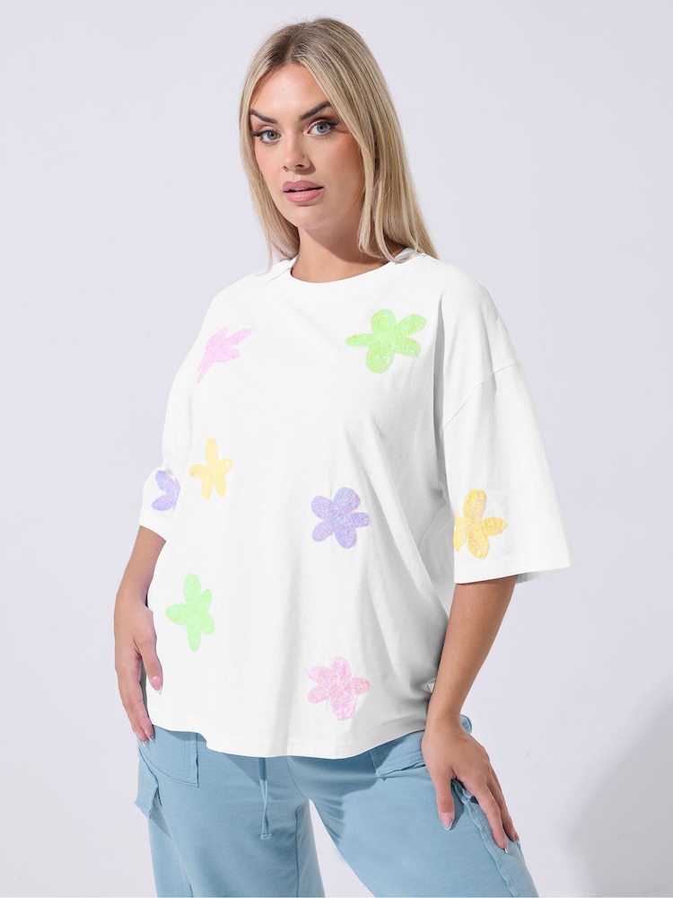Yours Curve Limited Sequin Floral Boxy T-Shirt - Image 1 of 5 Yours Curve Limited Sequin Floral Boxy T-Shirt - Image 1 of 5