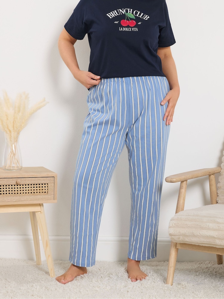 Yours Curve Blue Striped Wide Leg Pyjama Bottoms - Image 1 of 4 Yours Curve Blue Striped Wide Leg Pyjama Bottoms - Image 1 of 4