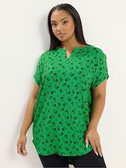 绿色 - Yours Curve 纹理缺口领上衣 - 5的图像1｝