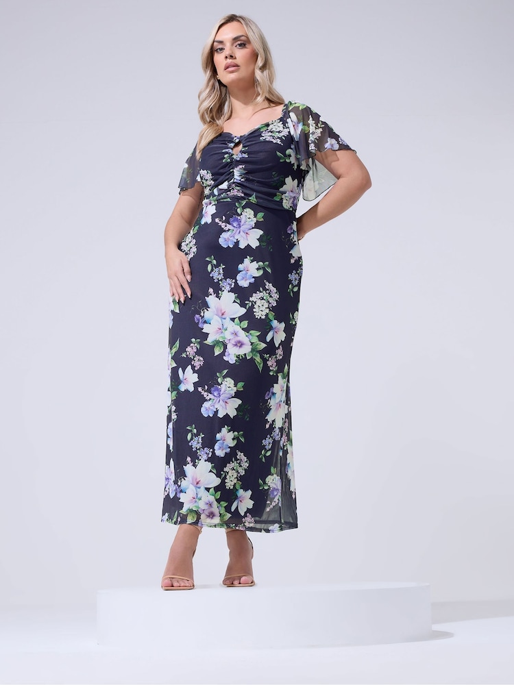 Yours Curve Blue London Floral Keyhole Mesh Maxi Dress - Image 1 of 5