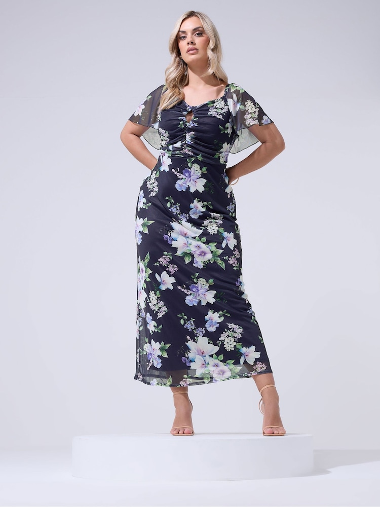 Yours Curve Blue London Floral Keyhole Mesh Maxi Dress - Image 2 of 5