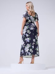 Yours Curve Blue London Floral Keyhole Mesh Maxi Dress - Image 3 of 5