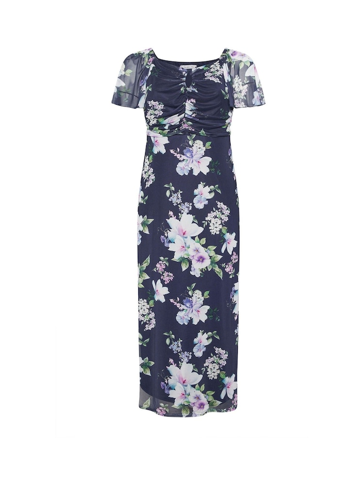 Yours Curve Blue London Floral Keyhole Mesh Maxi Dress - Image 5 of 5