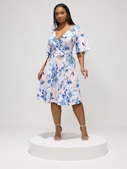 Yours Curve Pink London Blurred Floral Wrap Scuba Crepe Dress - Image 1 of 5