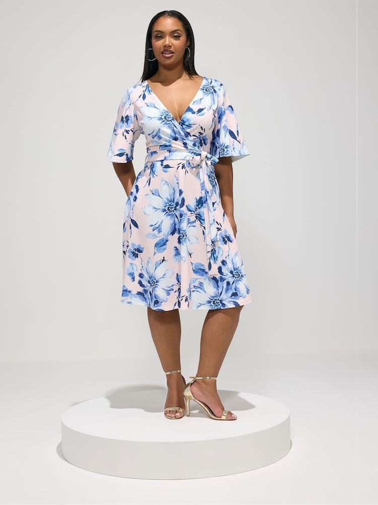Yours Curve Pink London Blurred Floral Wrap Scuba Crepe Dress - Image 2 of 5